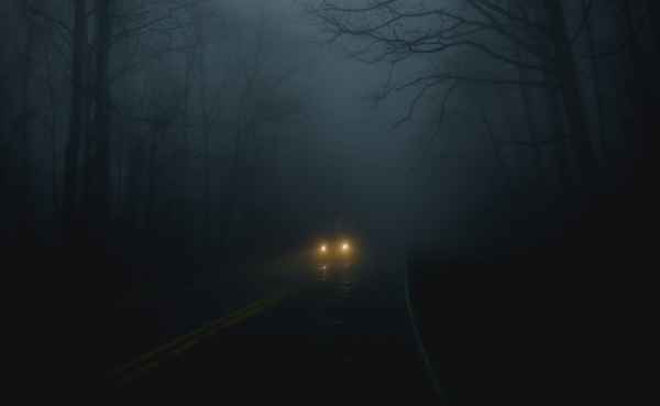 A car driving down a foggy road in the Appalachian Mountains.