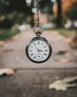 A pocket watch suspended above a pathway covered in fallen leaves.