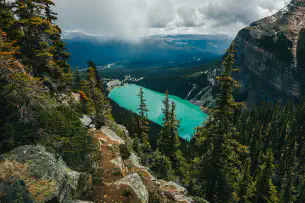 The clear water of Lake Louise, seen from above.