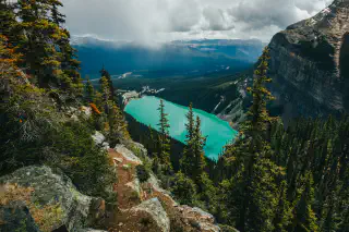 The clear water of Lake Louise, seen from above.